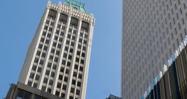 A view looking up at a building in downtown Tulsa