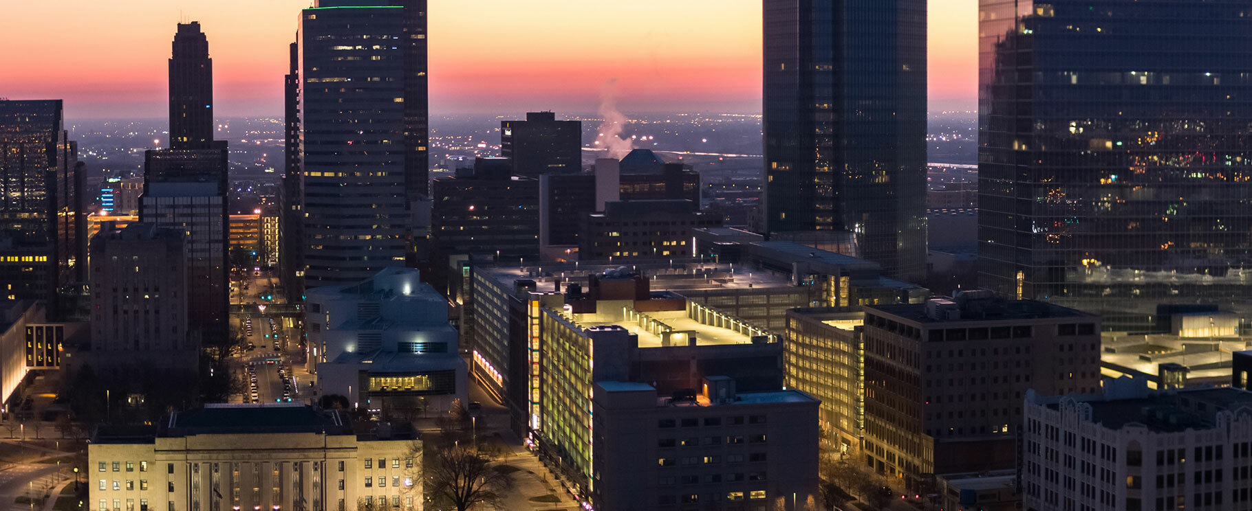 A photo of the night skyline of downtown Tulsa