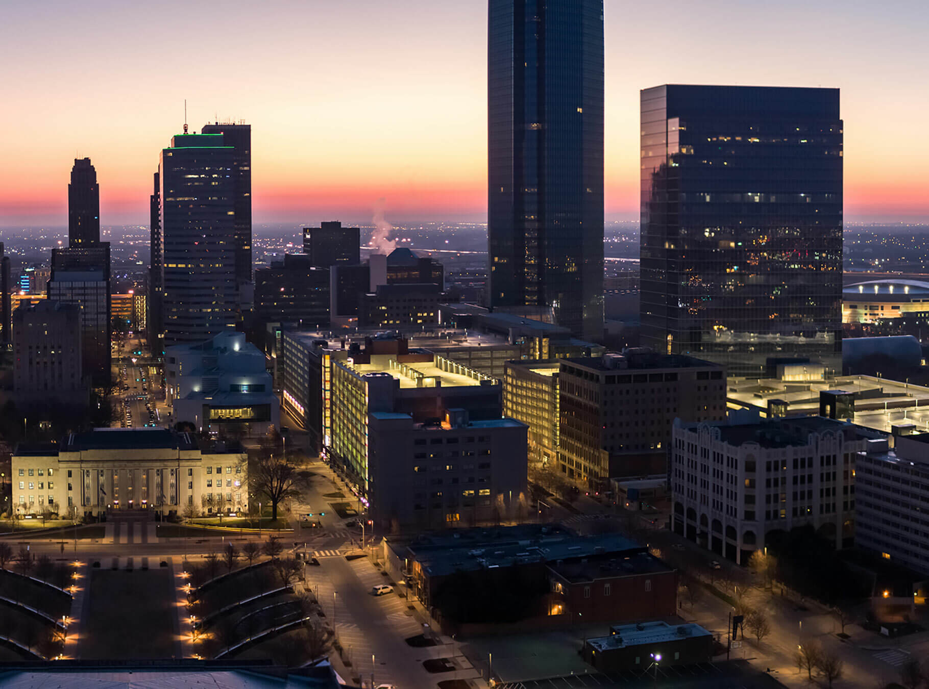 A photo of the night skyline of downtown Tulsa